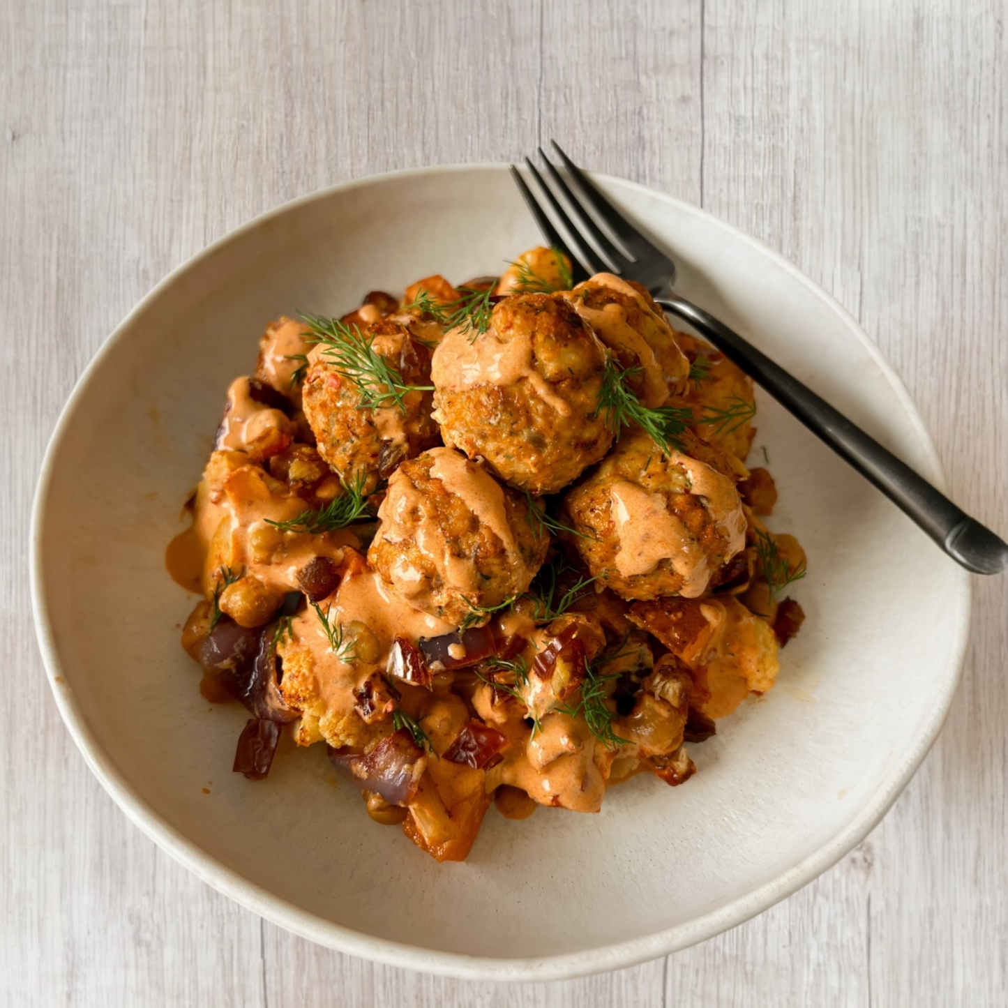 Harissa Chicken Meatballs with Roasted Veggies