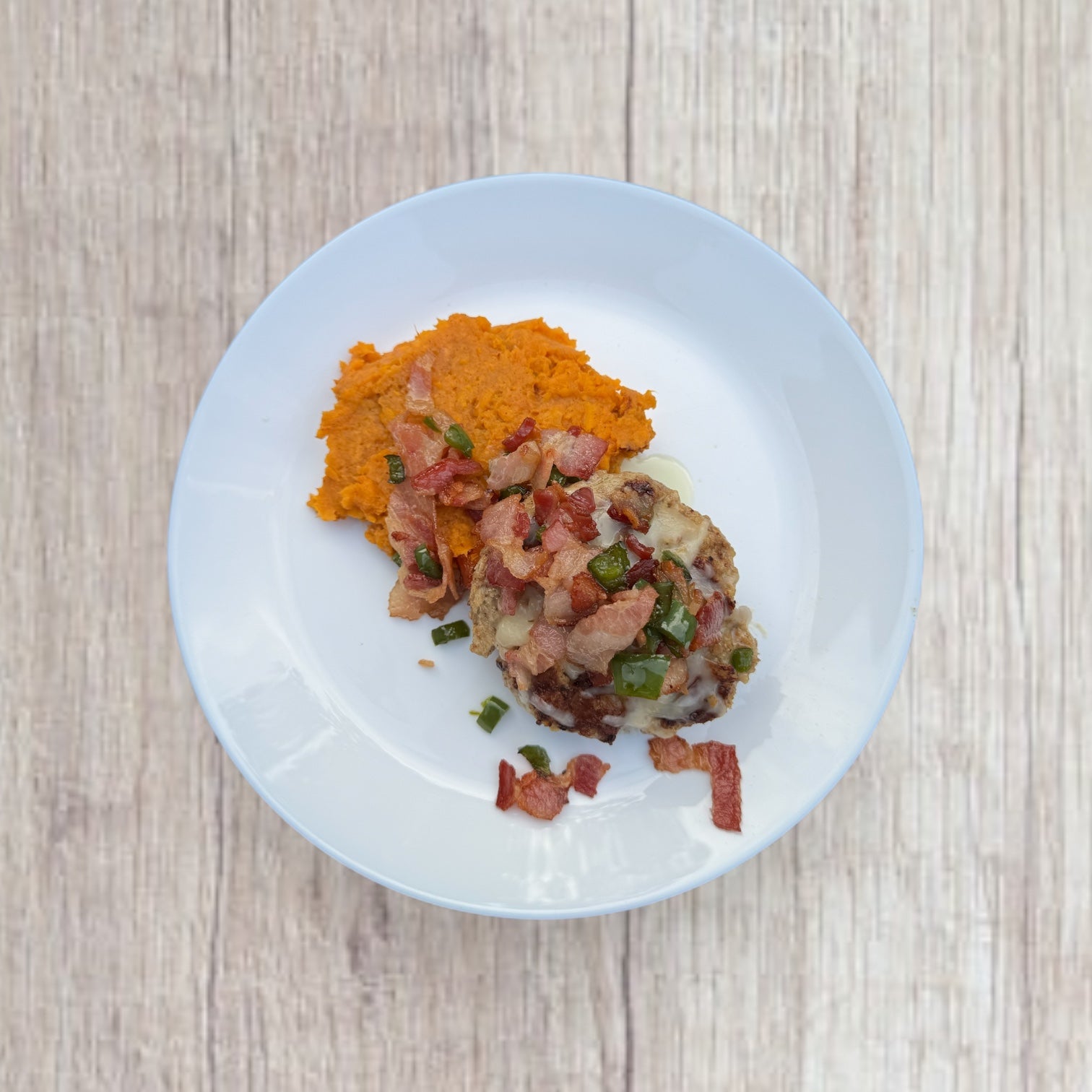Apple Chicken Burgers with Sweet Potato Mash & Maple Bacon Jalapeño Topping