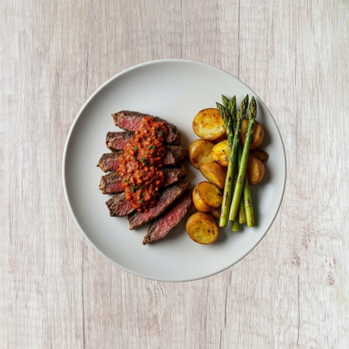 Steak with Romesco, Roasted Potatoes & Asparagus