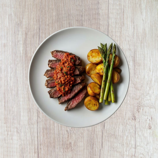 Steak with Romesco, Roasted Potatoes & Asparagus