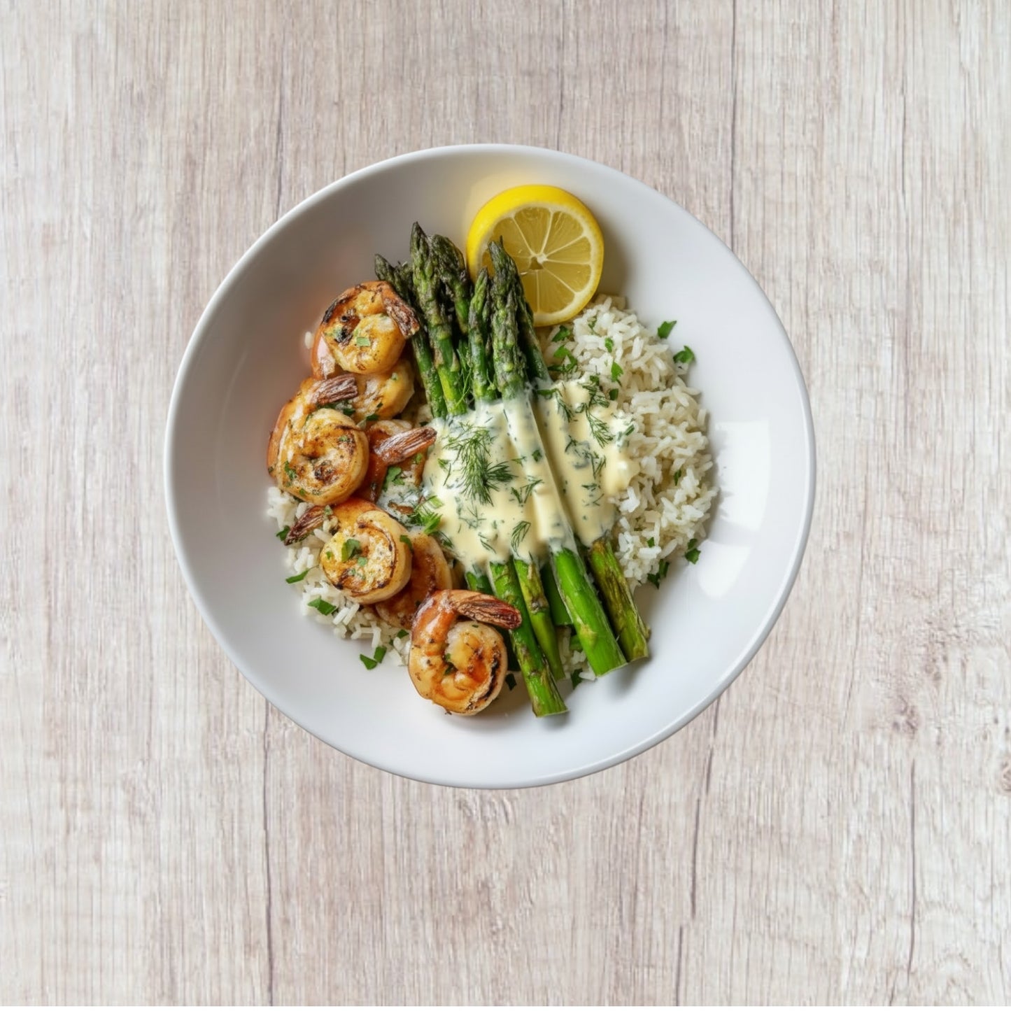 Creamy Lemon Dill Shrimp & Asparagus Rice Bowl