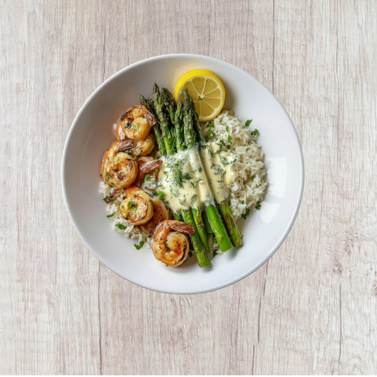 Creamy Lemon Dill Shrimp & Asparagus Rice Bowl