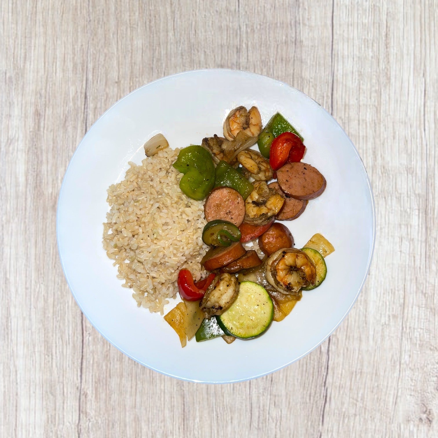 Cajun Shrimp, Sausage, and Veggies Plate