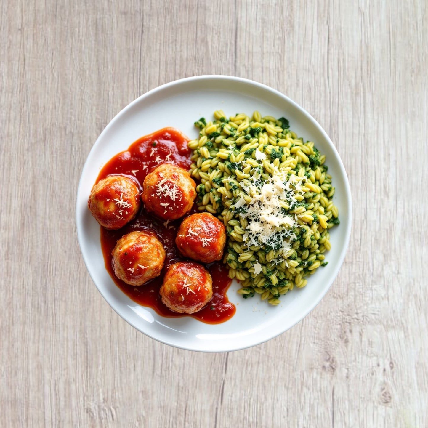 Turkey Meatballs with Marinara and Pesto Orzo